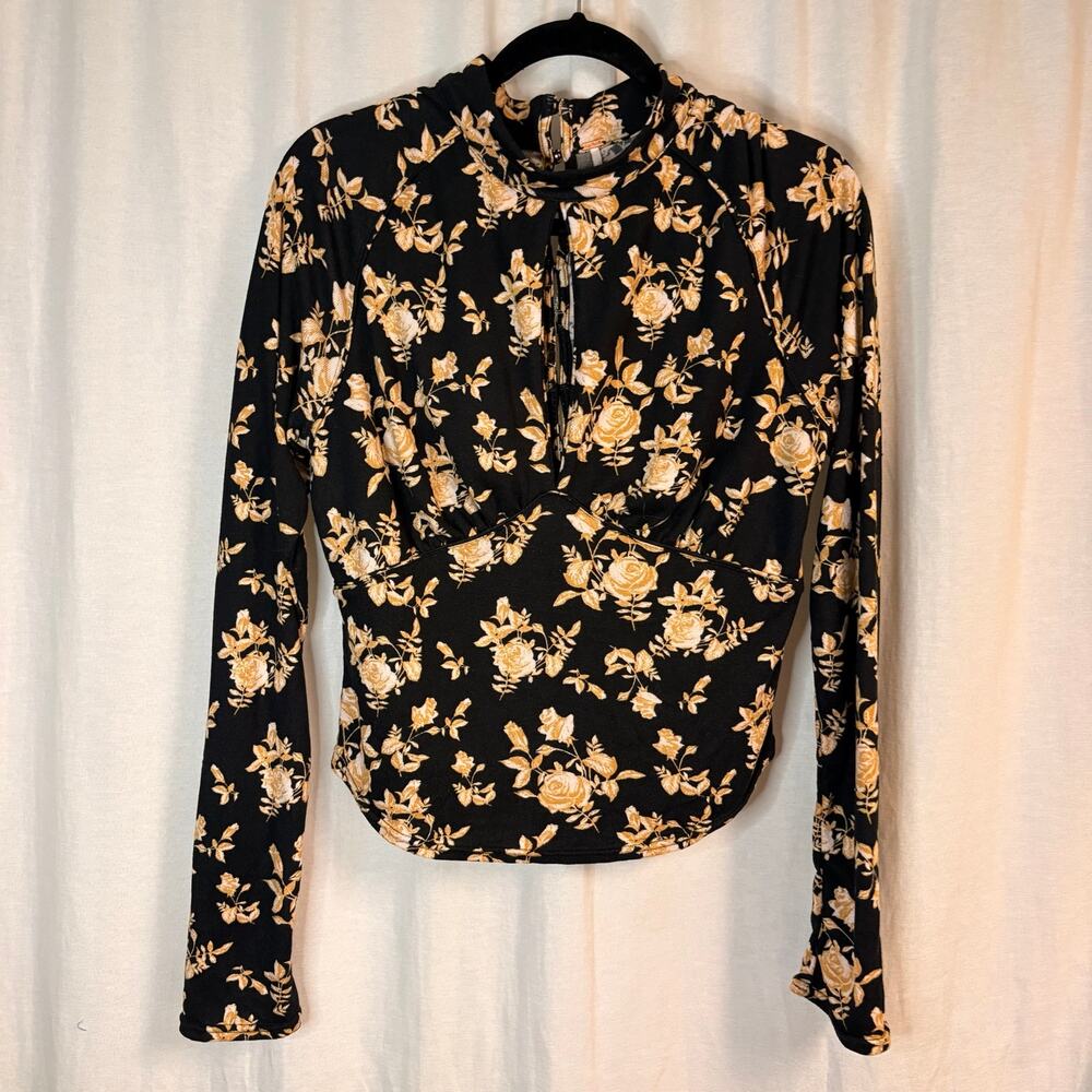 Free People Floral Mock Neck Long Sleeve Top Black Yellow Size L